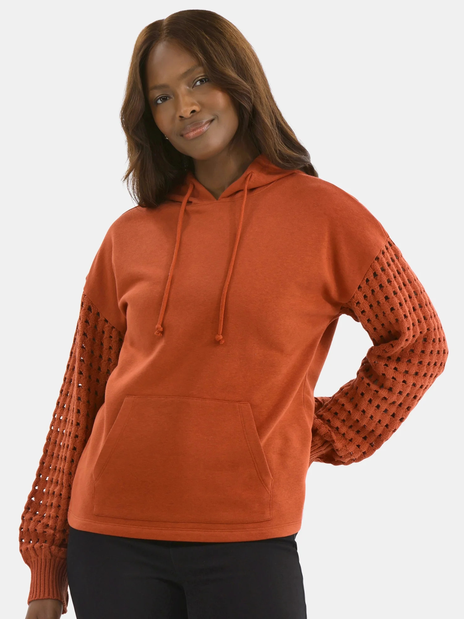 Time and Tru Women's Fleece Hoodie with Crochet Long Sleeves, Sizes XS-XXXL | Walmart (US)