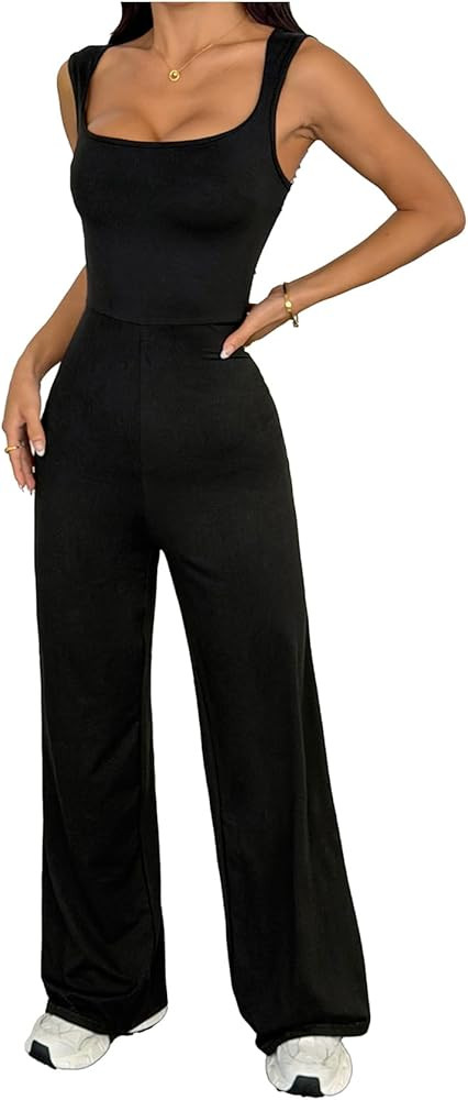 Verdusa Women's Square Neck Sleeveless Jumpsuits Straight Leg One Piece Dressy Rompers | Amazon (US)