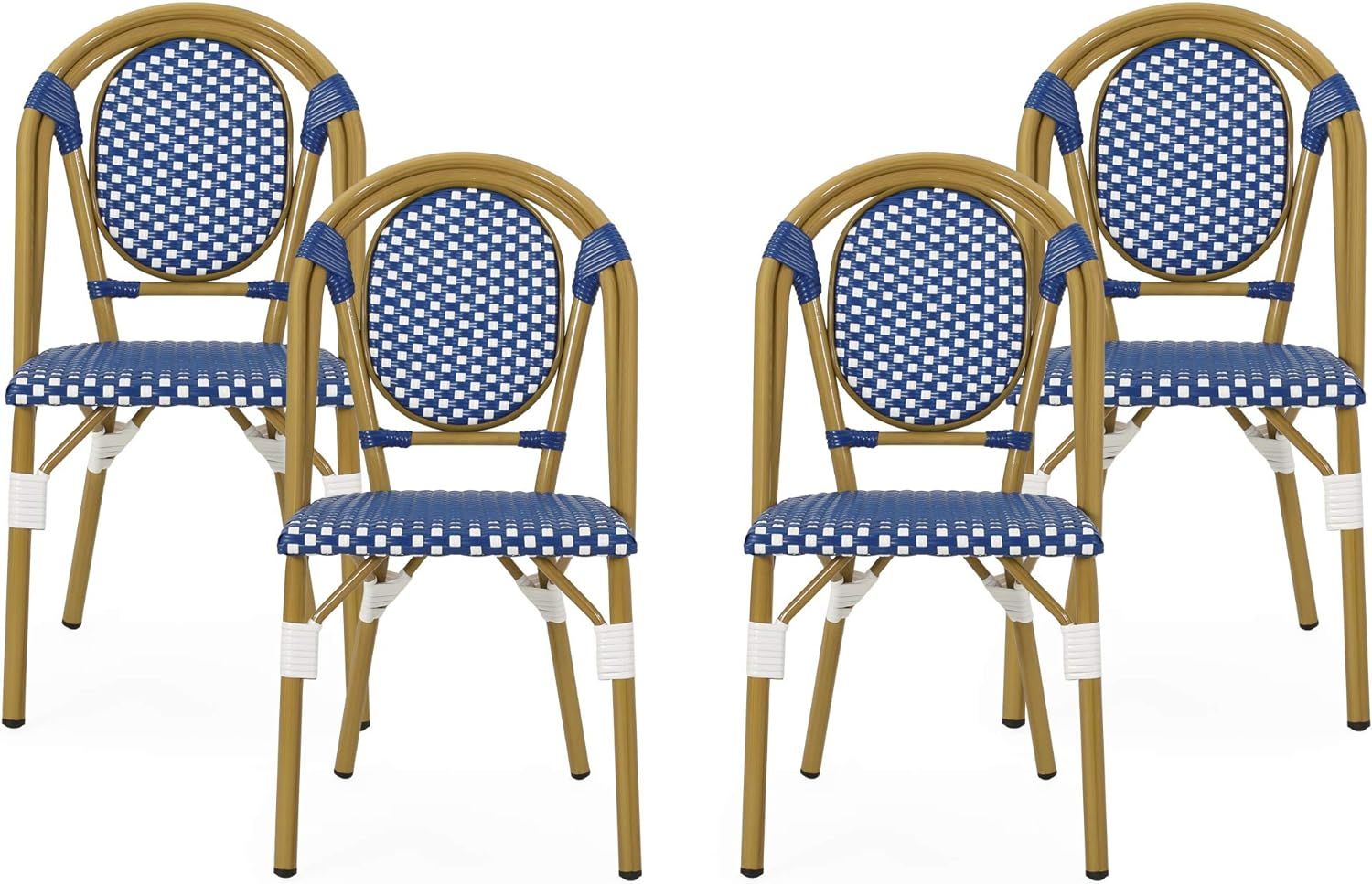 Christopher Knight Home Gwendolyn Outdoor French Bistro Chairs (Set of 4), Blue + White + Bamboo ... | Amazon (US)