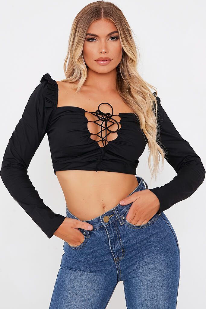 Black Woven Lace Front Milkmaid Crop Top | ISAWITFIRST