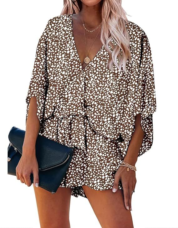 PRETTYGARDEN Women’s Leopard Print Shorts Jumpsuit Wrap V Neck 3/4 Sleeve Casual Loose Oversize... | Amazon (US)