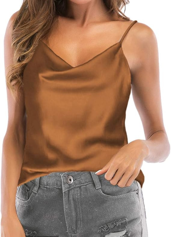 Women's Silk Satin Camisole Cowl Neck Tank Top Cami Silky Basic Tank Shirt Blouses | Amazon (US)