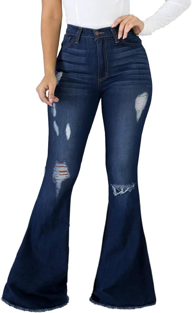 Bell Bottom Jeans for Women Ripped High Waisted Classic Flared Pants | Amazon (US)