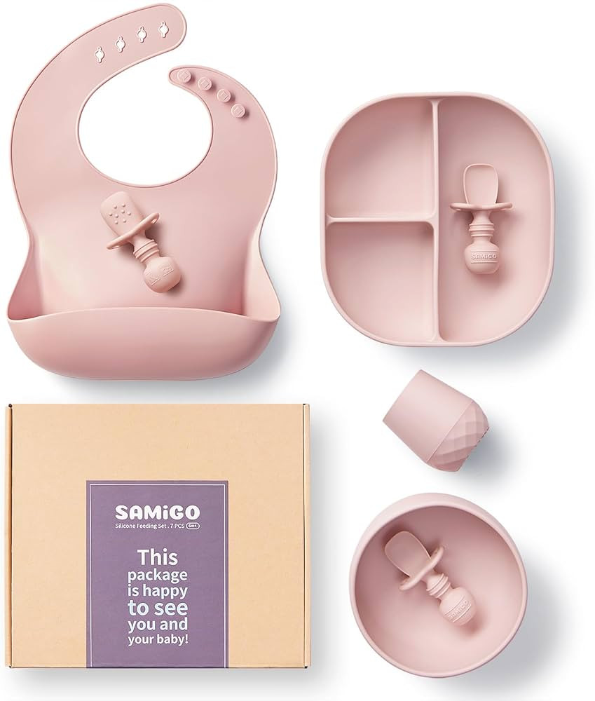SAMiGO Silicone Baby Feeding Set, Suction Plate Bowl Set, Self Feeding Spoons, Bib, Cup, Baby Led... | Amazon (US)