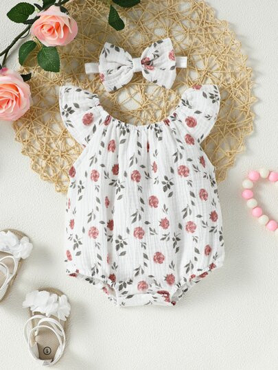 SHEIN Vintaside Kids Baby Girl Scoop Neck Bodysuit With Accessory Headband | SHEIN