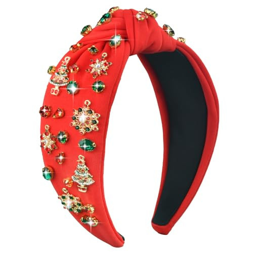 ABONDEVER Christmas Headband - Rhinestone Jeweled Crystal Knotted Snowflake Wide Xmas Tree Hairband - Holiday Gifts (Snowflake Red) | Amazon (US)
