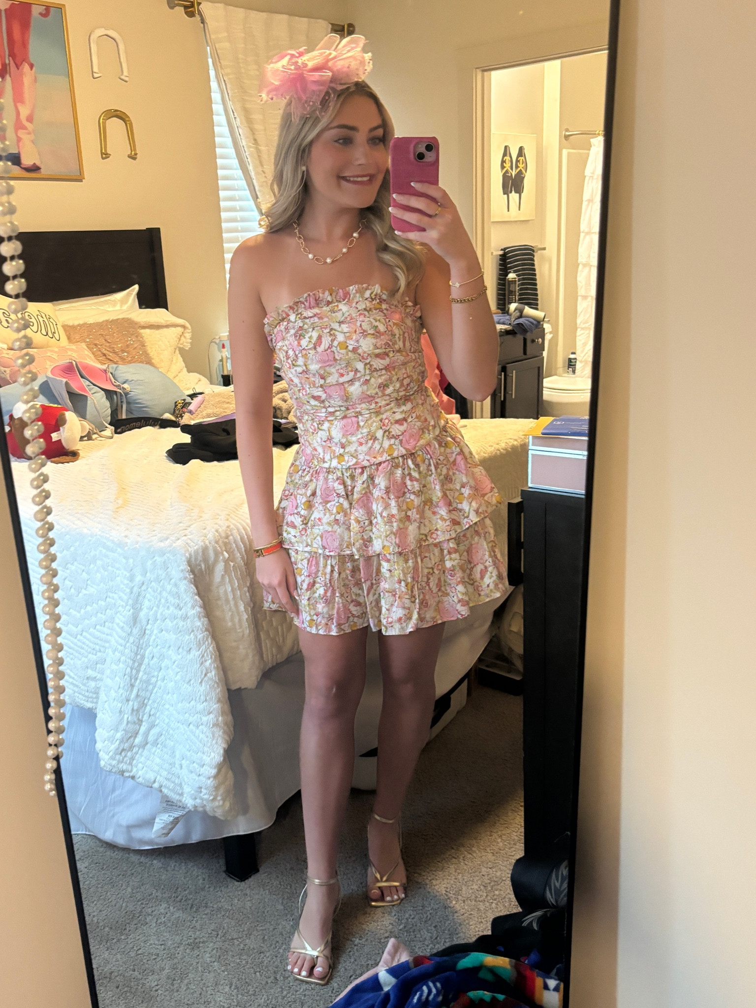 Semi formal floral mini dress (date party, derby, strapless, tiered, pink, orange, white, gold heels, flower headband) real dress isn’t sold anymoree

#LTKShoeCrush #LTKStyleTip