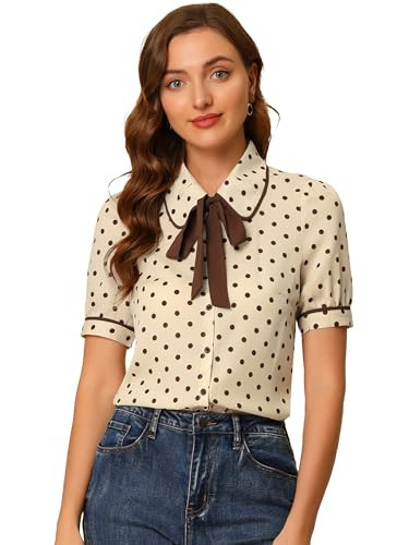 Allegra K Polka Dots Blouse for Women's Peter Pan Collar Bow Tie Neck Puff Sleeve Vintage Shirt Top XX-Large Beige | Amazon (US)