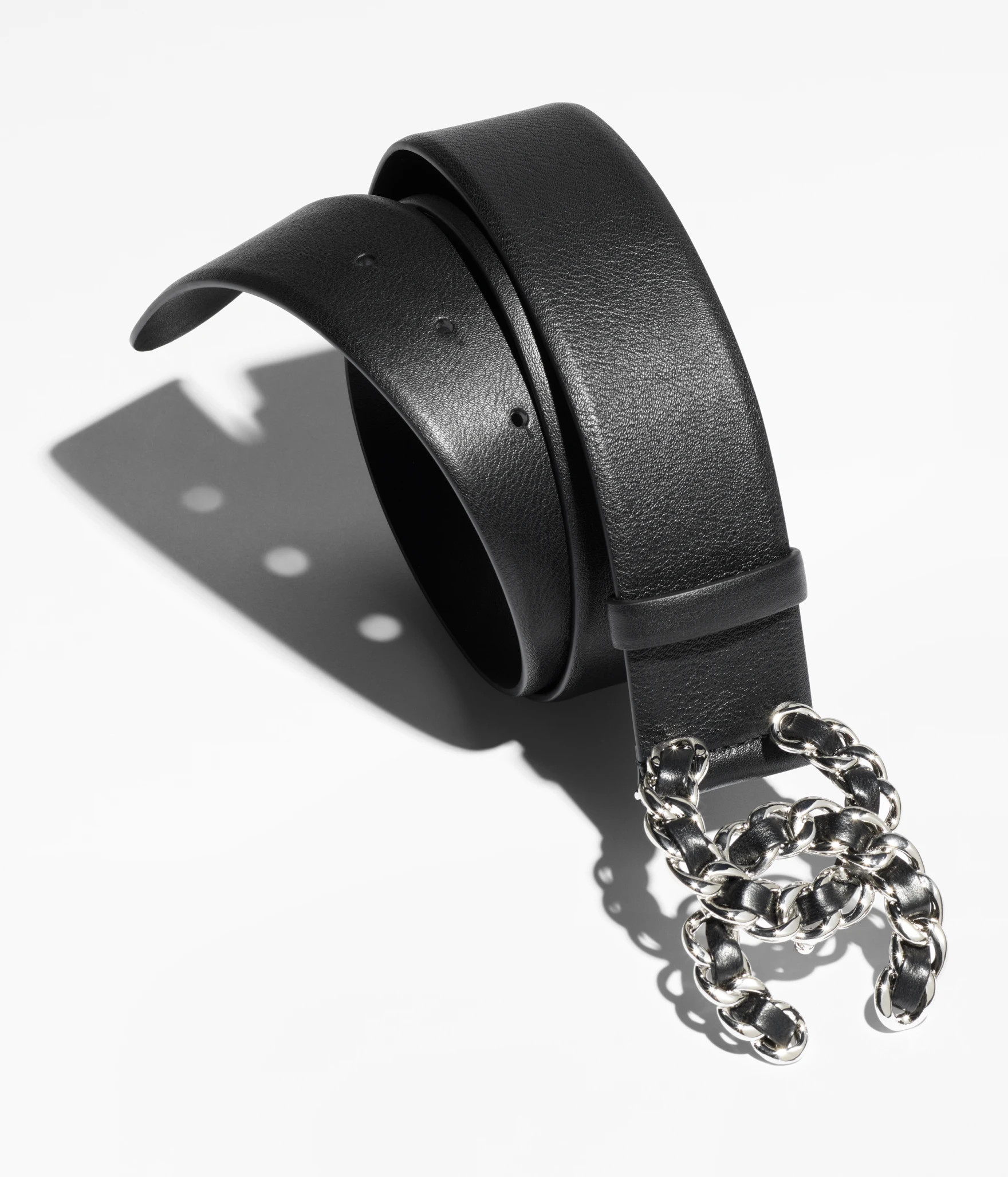 Belt - Calfskin, metal & lambskin, black & silver — Fashion | CHANEL | Chanel, Inc. (US)