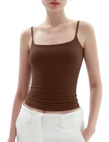 PUMIEY Womens Tank Tops Square Neck Sleeveless Tanks Spaghetti Straps Slim Fit Double Lined Sexy Going Out Tops, Chocolate X-Large | Amazon (US)