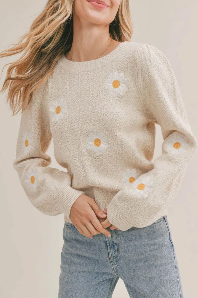 Annie Crewneck Daisy Knit Sweater - Cream | Petal & Pup (US)