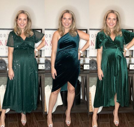 Three bump friendly holiday dresses from Amazon! I’m wearing a small in the two midi length dresses and a medium in the velvet Bodycon dress at 36+ weeks pregnant. 

Holiday party outfit, holiday dress, holiday outfits, Amazon fashion, bump friendly 

#LTKfindsunder50 #LTKshoecrush #LTKHoliday