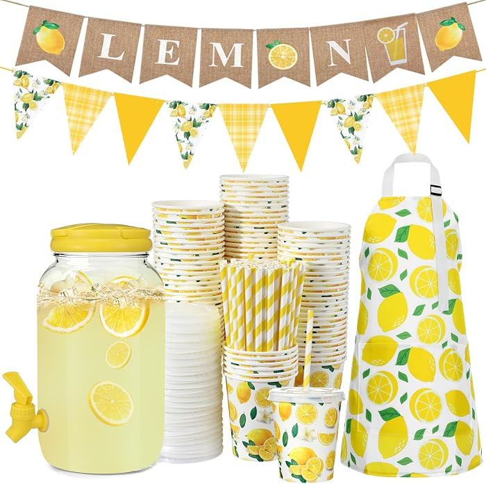 204 Pcs Lemonade Stand Supplies Kids Include 1 Gallon Lemon Plastic Drink Dispenser Burlap Banner... | Amazon (US)