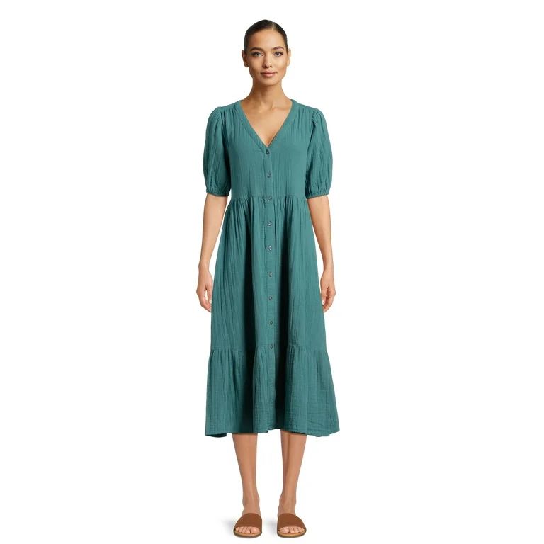 Time and Tru Women’s Tiered Midi Dress with Short Sleeves, Sizes XS-XXXL | Walmart (US)