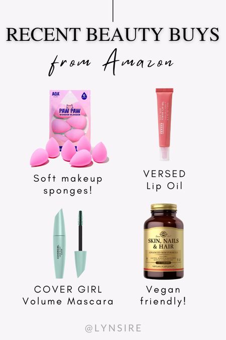 Recent beauty buys from Amazon that are cruelty free and vegan. Soft makeup sponge set, Versed tinted lip oil, Cover Girl volume mascara, and vegan beauty vitamins by Solgar. Everything under $20

#LTKunder50 #LTKFind #LTKbeauty