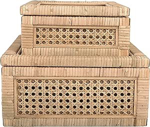 Creative Co-Op Modern Decorative Square Woven Rattan and Wood Display Boxes with Glass Top, Set o... | Amazon (US)