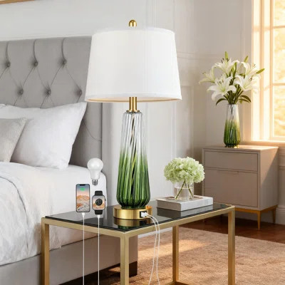 Modern Glass Table Lamp With USB A+C Charging Ports, 3-Way Dimmable Touch Control, White Linen Shade For Bedroom Nightstand Or Living Room Decor | Wayfair North America