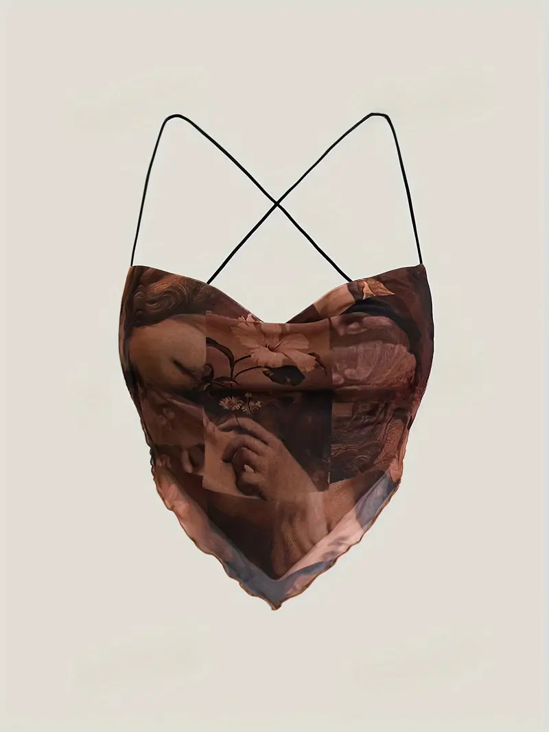 Hands & Flower Print Hanky Hem Top, Vintage Cowl Neck Halter Top For Summer, Women's Clothing | Temu Affiliate Program