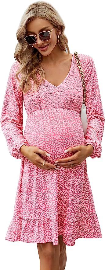 Coolmee Women's Maternity Short Sleeve Ruffle Dress V Neck Summer Casual Smocked Flowy Midi Dress... | Amazon (US)
