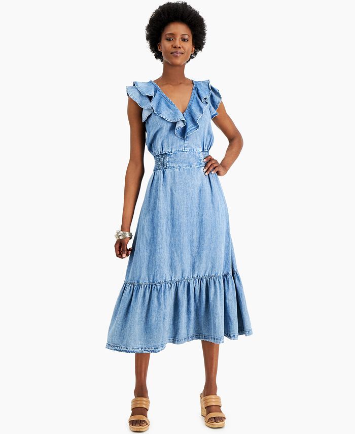 INC International Concepts INC Ruffled Denim A-Line Dress, Created for Macy's & Reviews - Dresses... | Macys (US)