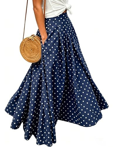 Mansy Polka Dot Maxi Skirt for Women High Waisted A Line Casual Summer Vintage Pleated Long Skirt Navy-XXL | Amazon (US)