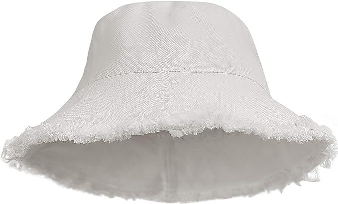 Womens Bucket-Hat Distressed Sun-Protection Washed-Cotton - Summer Wide Brim Beach Cap(7 1/8 Size... | Amazon (US)