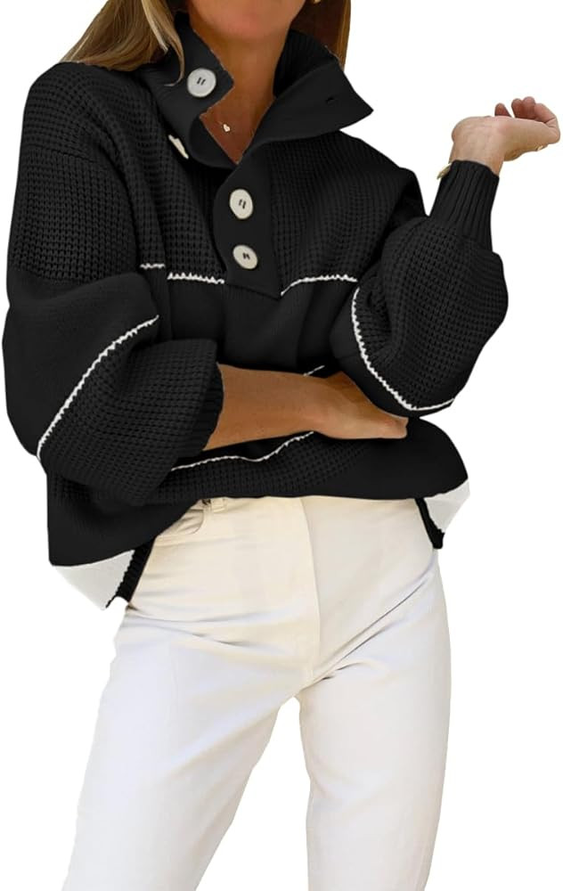 chouyatou Women's Slouchy Waffle Knit Sweater 1/2 Button Polo Collared Pullover Striped Sweater T... | Amazon (US)