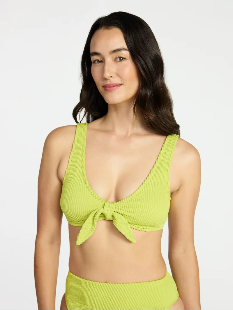 Time and Tru Women's and Women's Plus Crinkle Plunge Tie Front Bikini Top, Sizes XS-3X | Walmart (US)