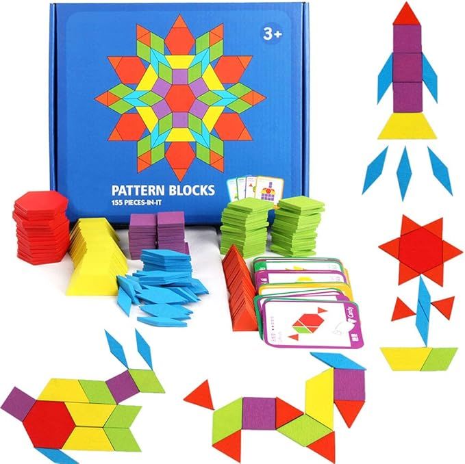 GEMEM 155 Pcs Wooden Pattern Blocks Set Geometric Shape Puzzle Kindergarten Classic Educational M... | Amazon (US)