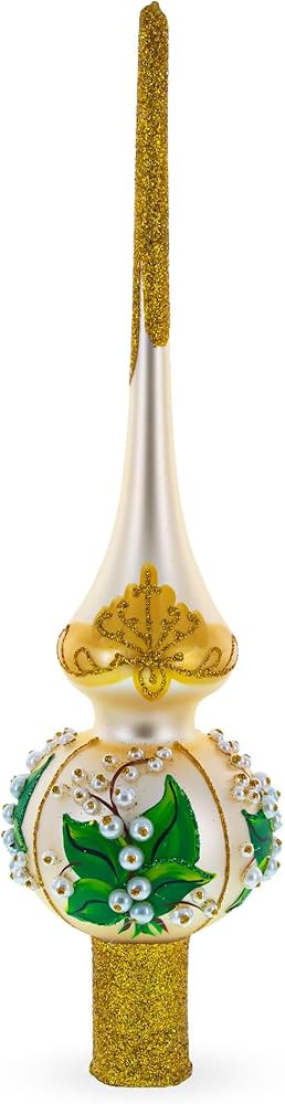 Lily of The Valley Flowers on Beige Mouth Blown Glass Christmas Tree Topper 11 Inches | Amazon (US)