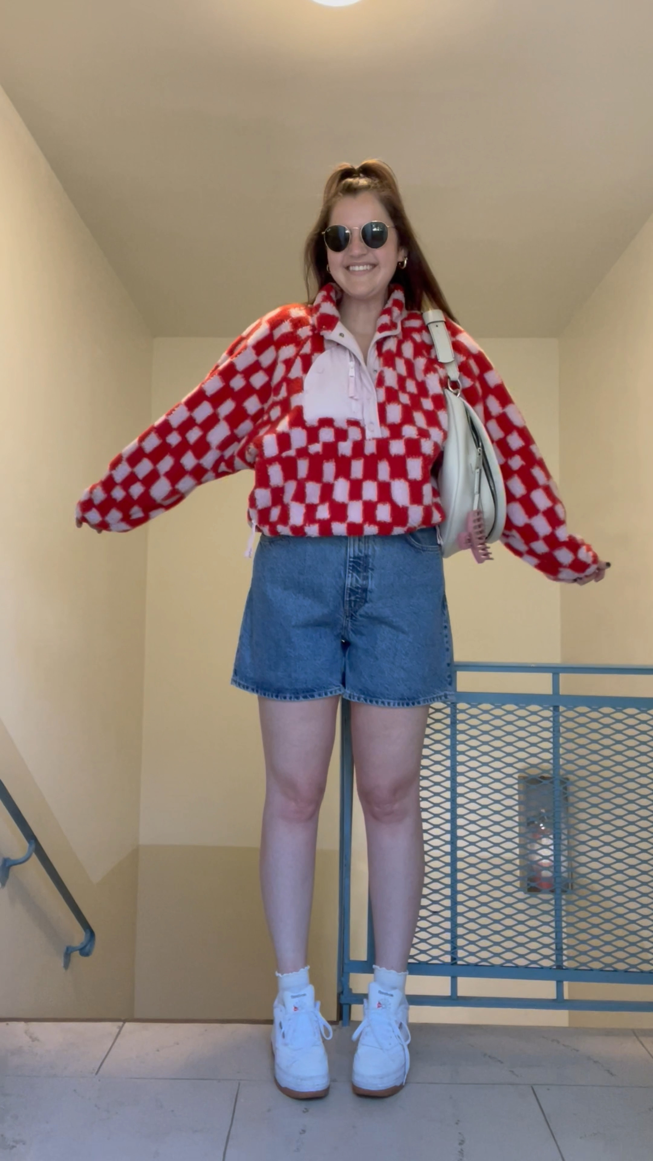 free people Hit The Slopes Printed Pullover, fp movement, activewear, comfy clothes, casual outfit, sherpa, red and pink, high waisted denim shorts, jean shorts, fall / winter, spring / summer, budget friendly, affordable, Reebok Club C Extra Sneakers, comfy shoes, casual outfit, rayban round sunglasses, gold jewelry from Amazon (hoop earrings, rings), Joyingtwo Womens Ankle Casual Socks Lace Ruffle Low Cut Knit Cotton Lettuce Socks for Women Girls, PROENZA SCHOULER WHITE LABEL Stanton leather belt bag, designer bag, crossbody / fanny pack

#LTKunder50 #LTKstyletip #LTKunder100