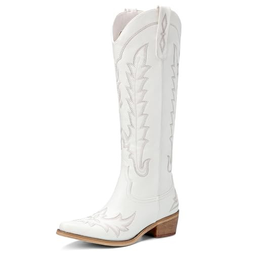 Rivalran White Cowboy Boots for Women - Wide Calf Knee High Pointed Toe Chunky Heel Pull On Zipper Western Cowgirl Boots, Retro Country Vintage Fashion Tall Boots US Size 9.5 | Amazon (US)