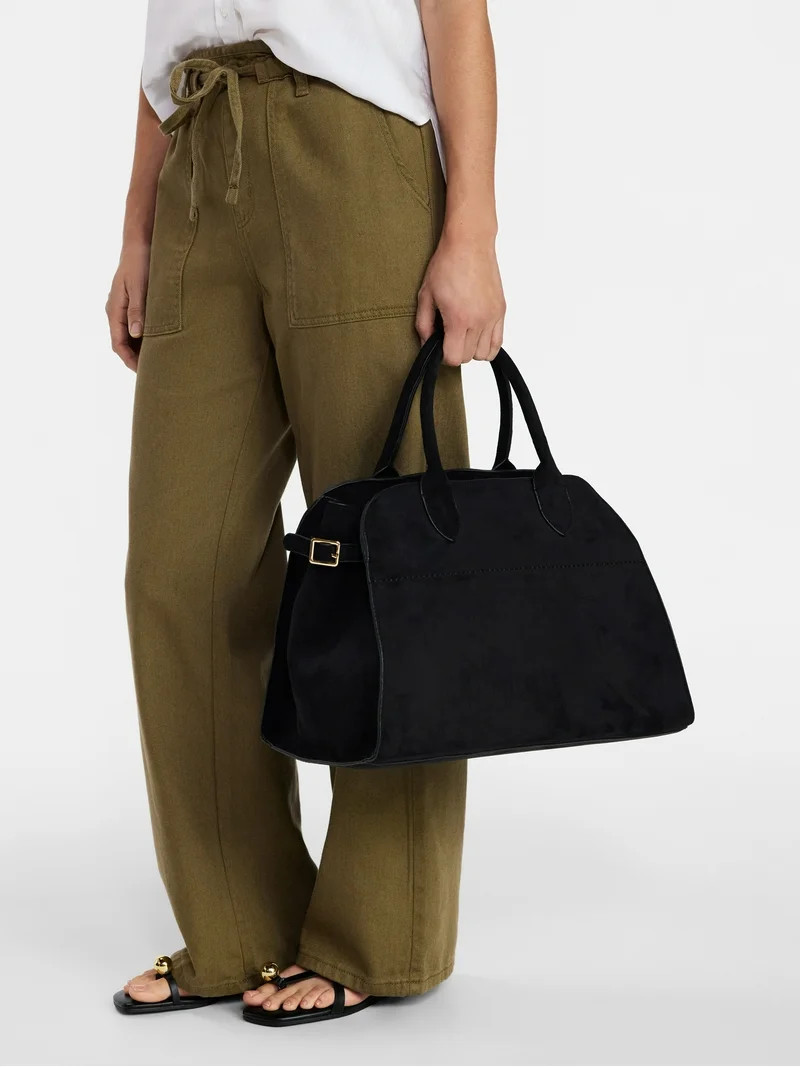 Time and Tru Women's Sage Satchel Soft Faux Suede Tote Bag, Black | Walmart (US)