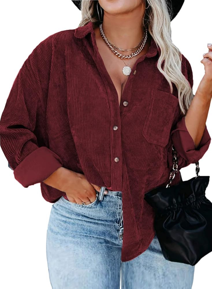 IN'VOLAND Womens Plus Size Corduroy Shirt Long Sleeve Button Down Shirts Fall Blouses Tops Casual... | Amazon (US)