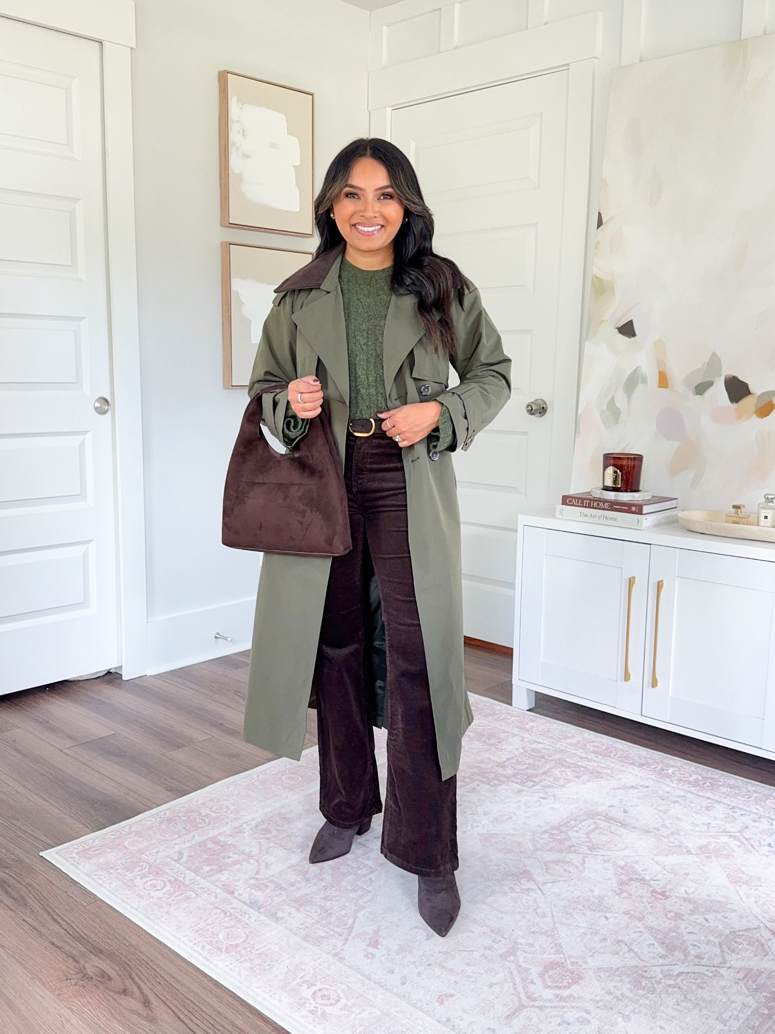 Green grape leaf color trench coat size xs petite TTS
Oliver green sweater size xxs regular TTS
Dark brown belt size 27”-31” TTS
Corduroy pants size 26 petite - these run snug in the waist, I would size up a size!
Dark brown boots size 5.5 TTS


#LTKFallSale #LTKPetite #LTKSaleAlert