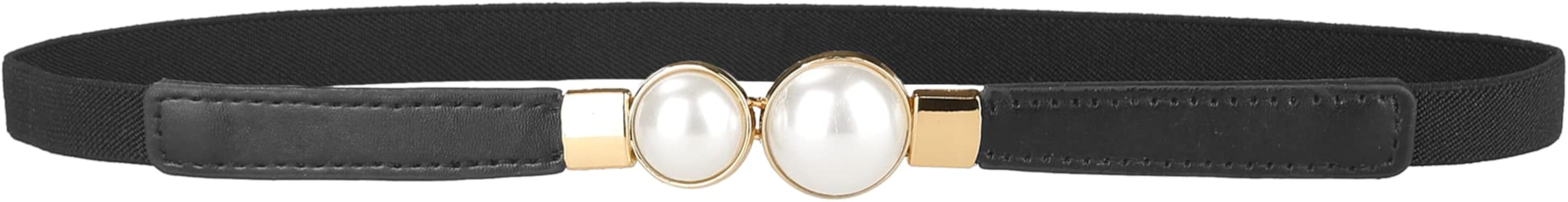 Women Skinny Stretchy Waist Belt, Gold Pearl Buckle Elastic Thin Waistband for Dress | Amazon (US)