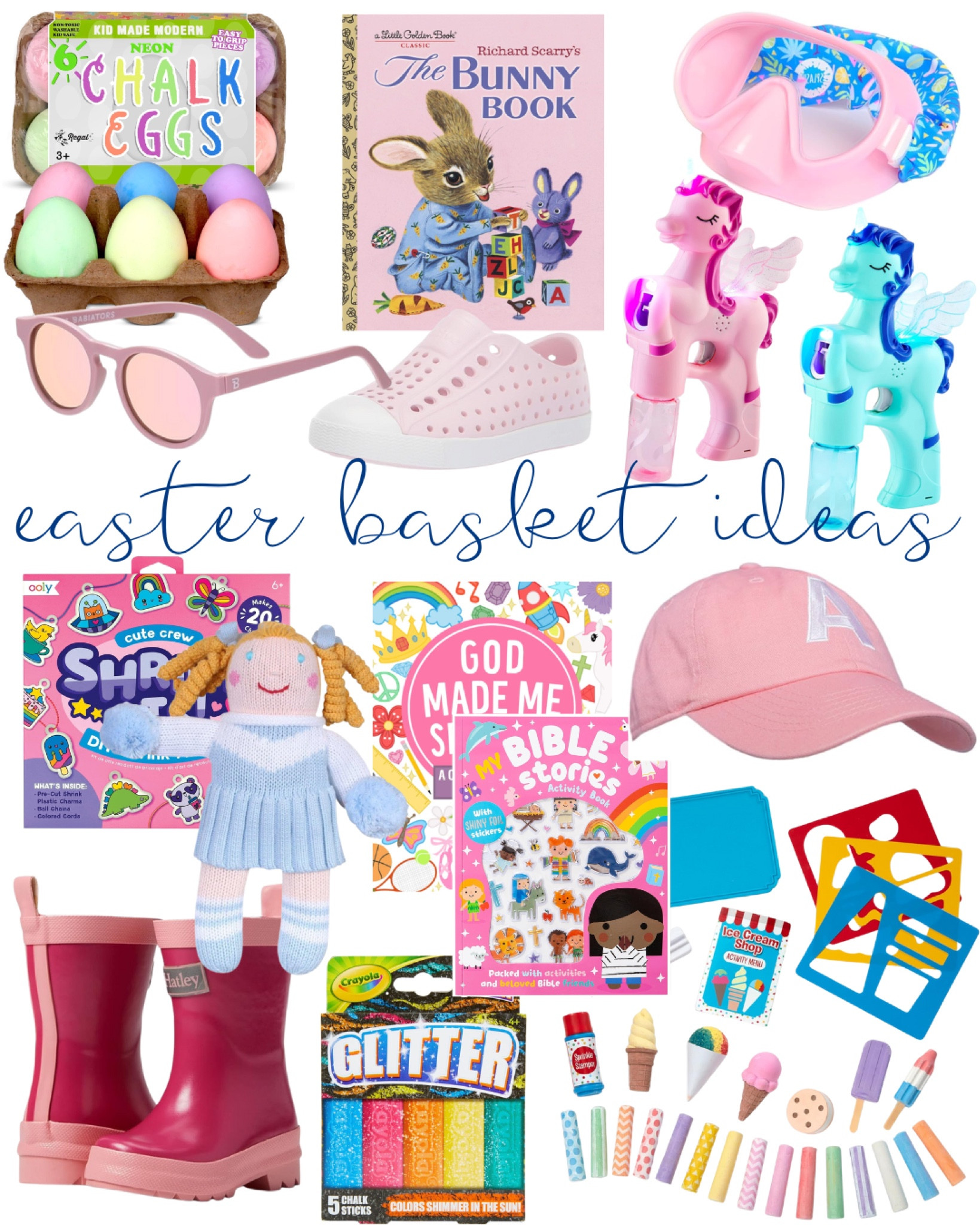 Easter basket ideas | Easter 2024 | bunny | basket | kids | eggs | springtime | sunglasses | truck | hat | bible stories | art kit | bunny book | rainboots | chalk set | goggles | native shoes | pool toys | plush toy 

#LTKSpringSale #LTKkids #LTKbaby