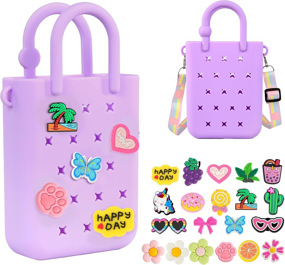Silicone Small Rubber Beach Bag with 20 Charms, Hole Handbag With Adjustable Shoulder Strap, Girl... | Amazon (US)