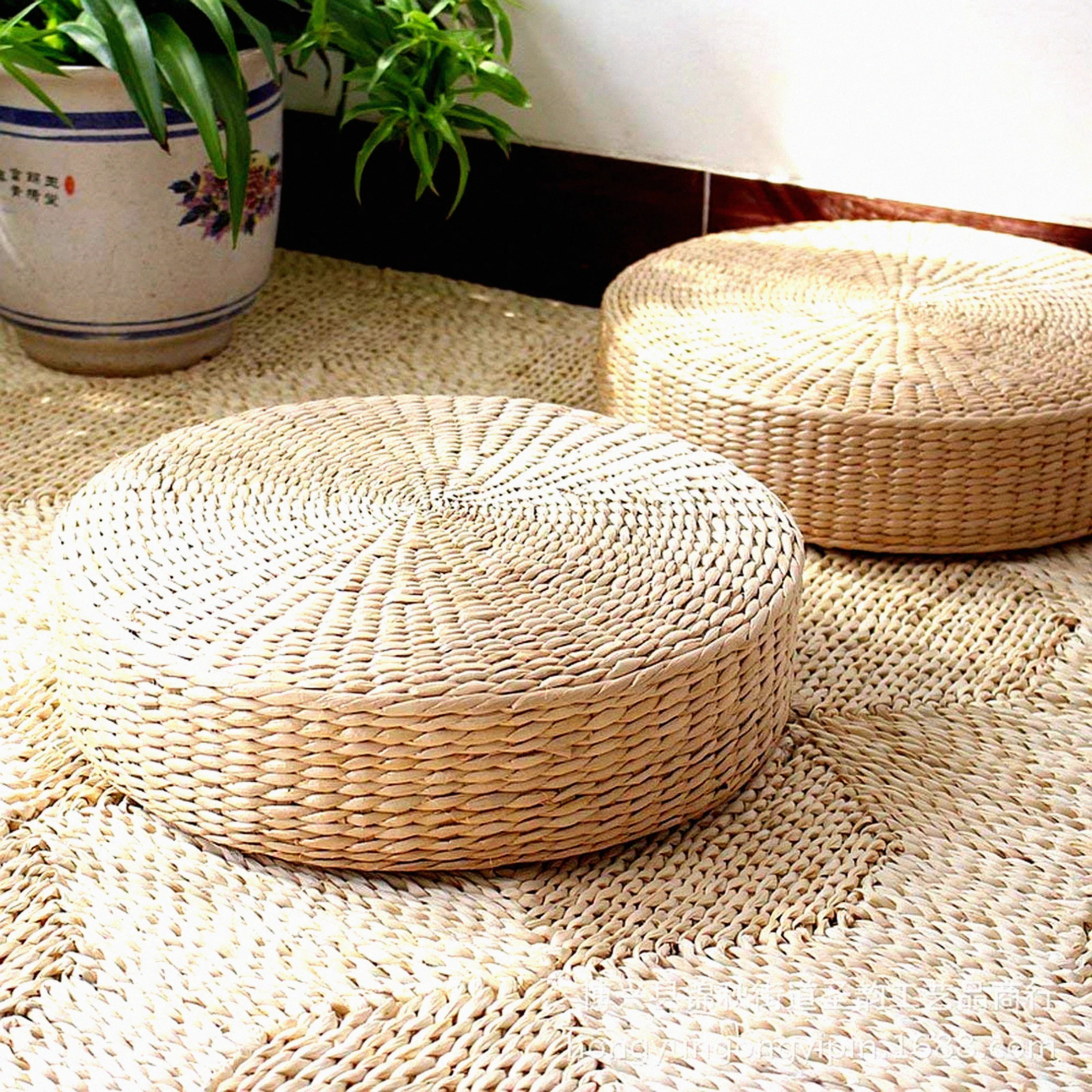 Tatami Round Floor Cushion Set - 2 Pack Bigger Size Sitting Pillows for Outdoor Seating, Padded Straw Mat for Room Decor | Wayfair North America