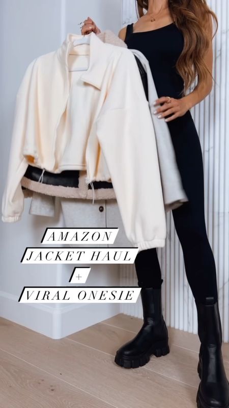 Popping in love!! ❤️  Sharing the latest round up of Amazon jackets this season! Wearing size Small in the following: black jumpsuit, green puffer jacket, grey-white belted shacket, cropped fleece ivory jacket, cream puffer vest, and cropped brown zip up jacket, size XS in black aviator jacket, and size 8 in my best selling combat boots 🤗 Happy shopping!! Xo!!

#LTKstyletip #LTKunder100 #LTKunder50