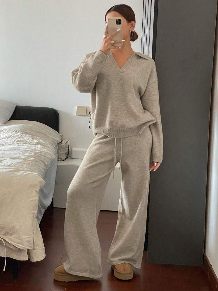 Livesso 2pcs Set Women's Solid Color Drop Shoulder Sweater And Wide-Leg Knit Pants Casual Loose Outfit,Fall Clothes | SHEIN