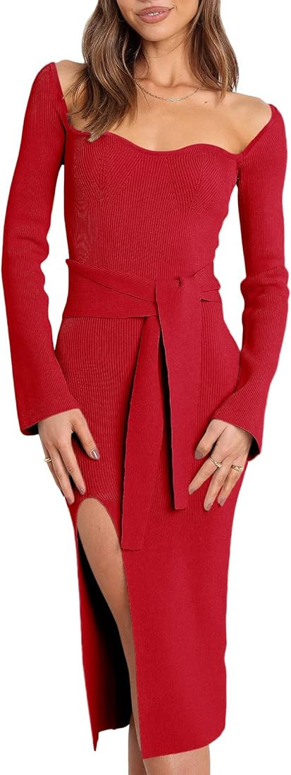 ANRABESS Women's 2023 Fall Long Sleeve Sweetheart Neck Tie Waist Slit Side Kibbed Knit Slim Bodycon Midi Sweater Dress | Amazon (US)