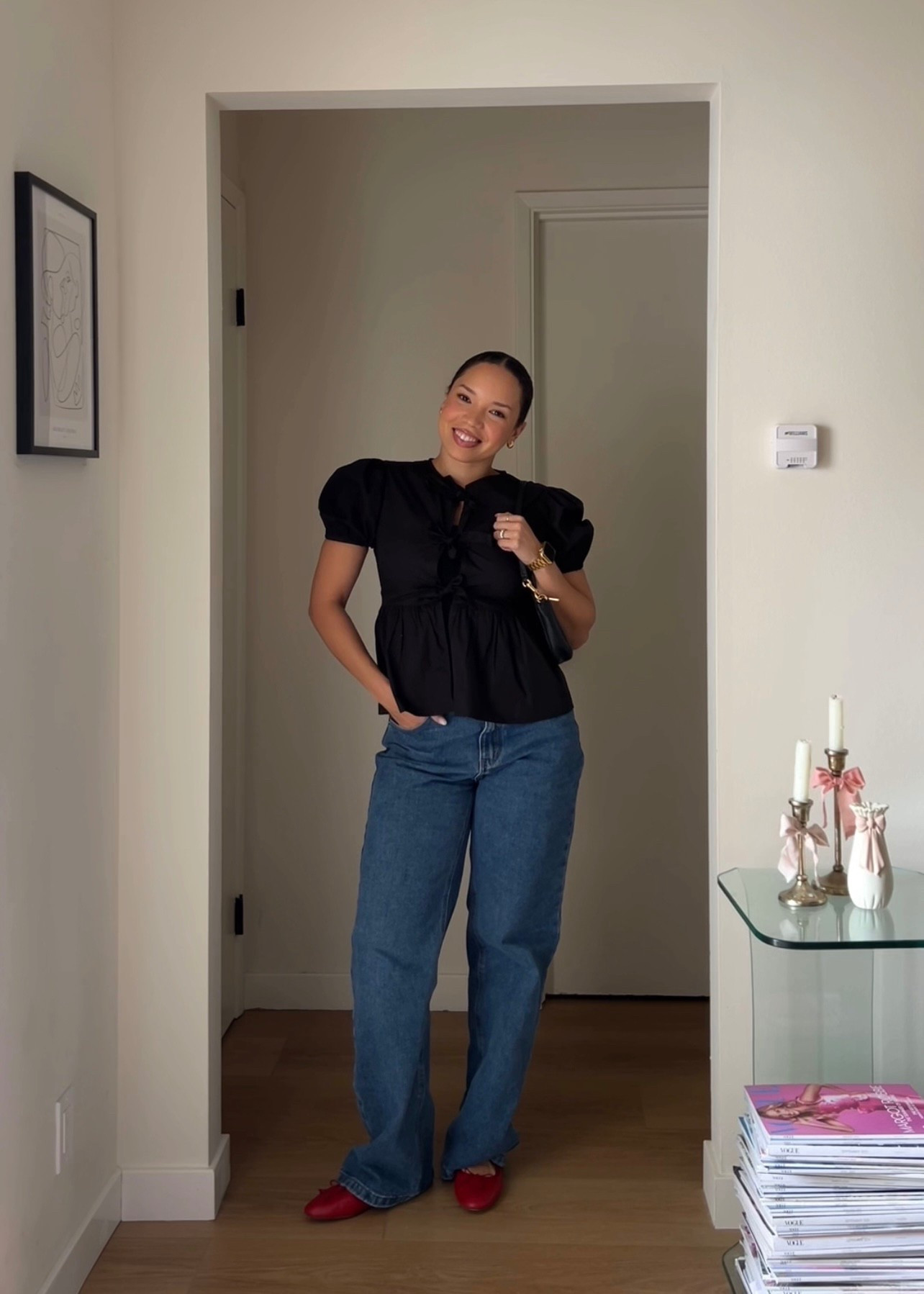 Casual spring outfit wearing a peplum tie front top, baggy jeans and red ballet flats 🖤 

#LTKFindsUnder100 #LTKSpringSale #LTKSaleAlert