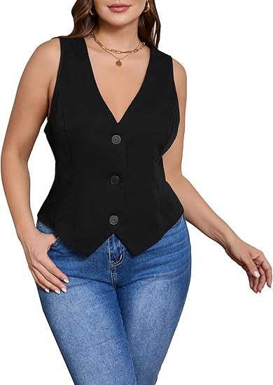 SOLY HUX Women's Plus Size Button Up Suit Vest Blazer V Neck Sleeveless Waistcoat | Amazon (US)