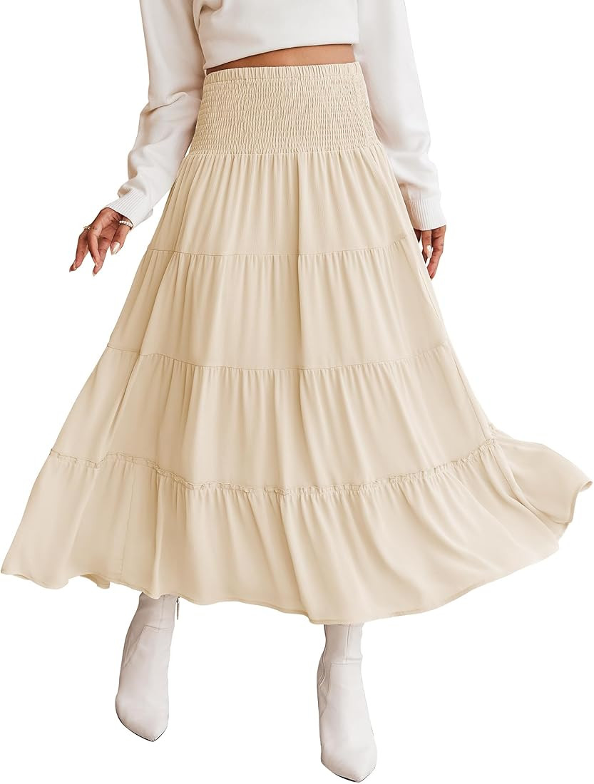 Zeagoo Women's Long Maxi Skirts Tiered Elastic High Waist Boho Double Layered Print A-Line Casual... | Amazon (US)