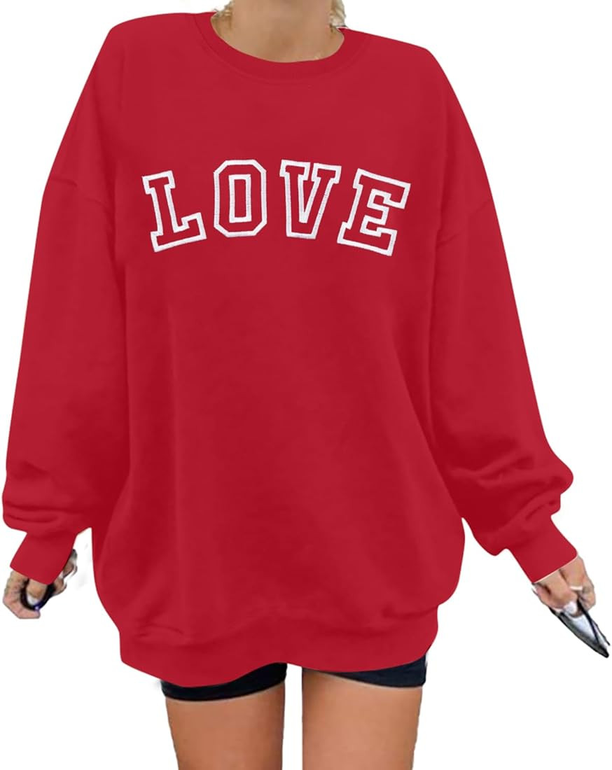 MAXIMGR Valentines Sweatshirts Women Love Sweatshirt - Oversized Embroidered Crewneck Shirt Valen... | Amazon (US)