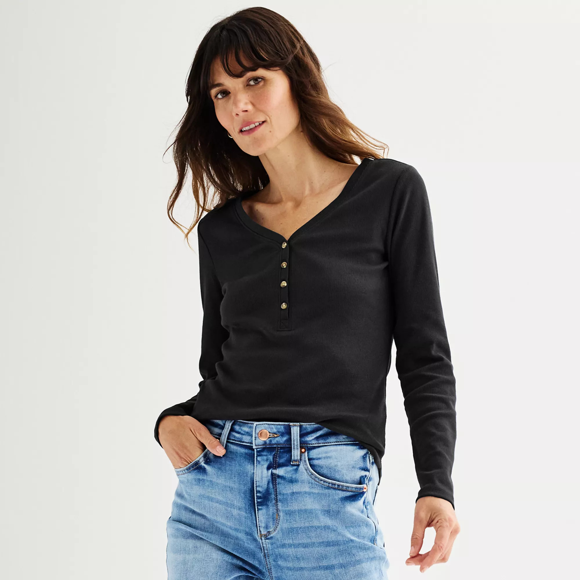 Women's Sonoma Goods For Life® Rib Long Sleeve Henley | Kohl's