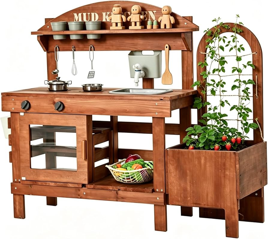 Kids Outdoor Mud Kitchen with Plant Growing Kit, Wooden Play Kitchen with Removable Water Sink, F... | Amazon (US)