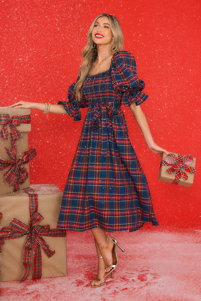 Wishful Wonderland Navy Plaid Midi Dress | Red Dress 