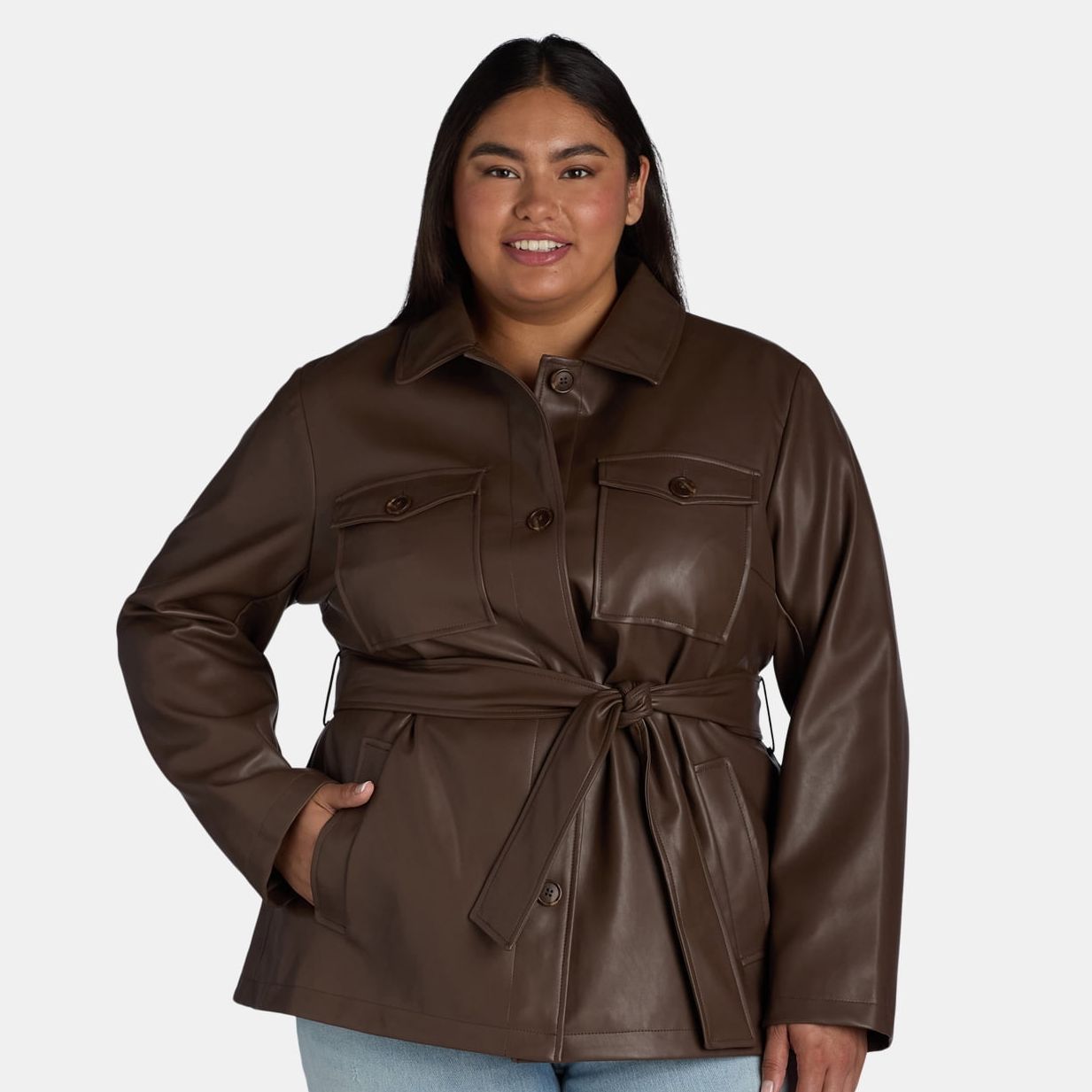 Time and Tru Women's and Women's Plus Faux Leather Cropped Belted Trench, Sizes XS-3X | Walmart (US)